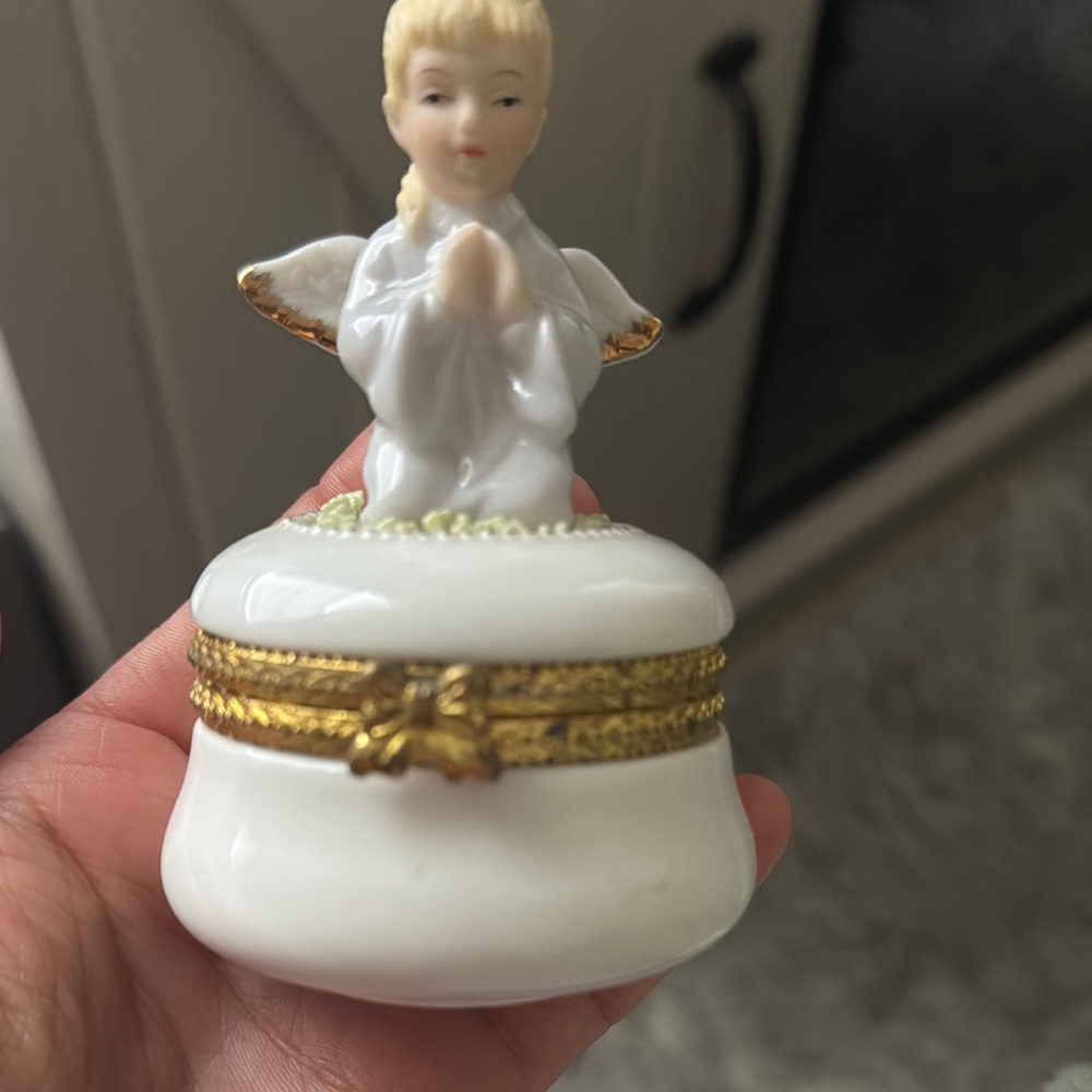 Porcelain Angel Trinket Box with Gold Accents